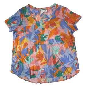 Joie Linen Tunic Tropical Top Plus Womens 1X Colorful V-neck Blue Orange‎ EUC